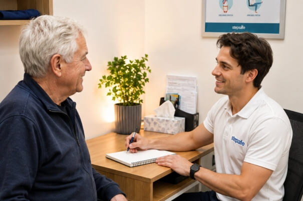 image-text-section Physiotherapist consulting with an older adult