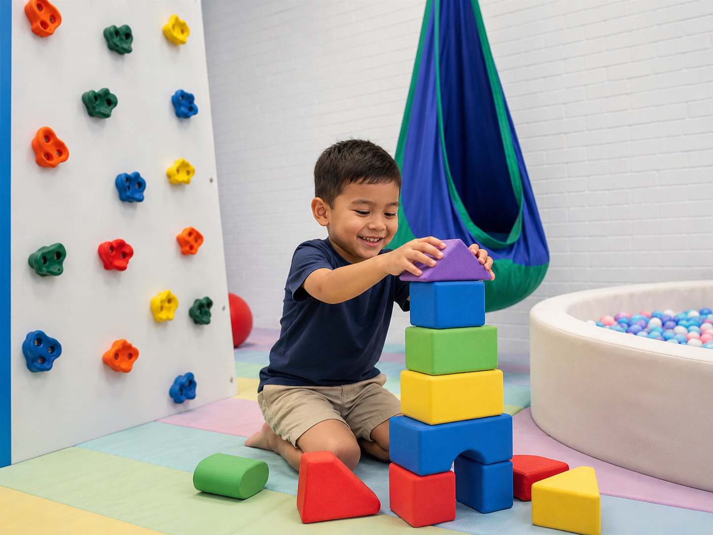 Child on climbing wall and sensory swing