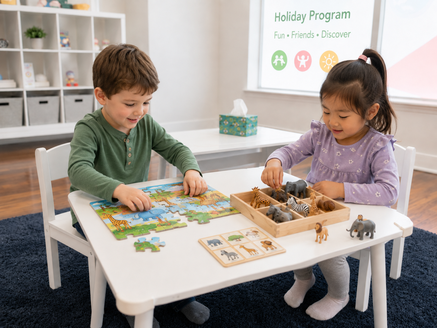 Children playing with animal puzzle