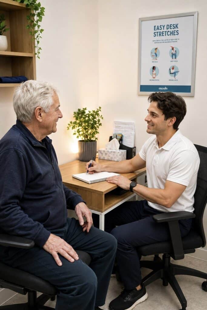 Steps2Life physiotherapist talking through a treatment plan with an older client